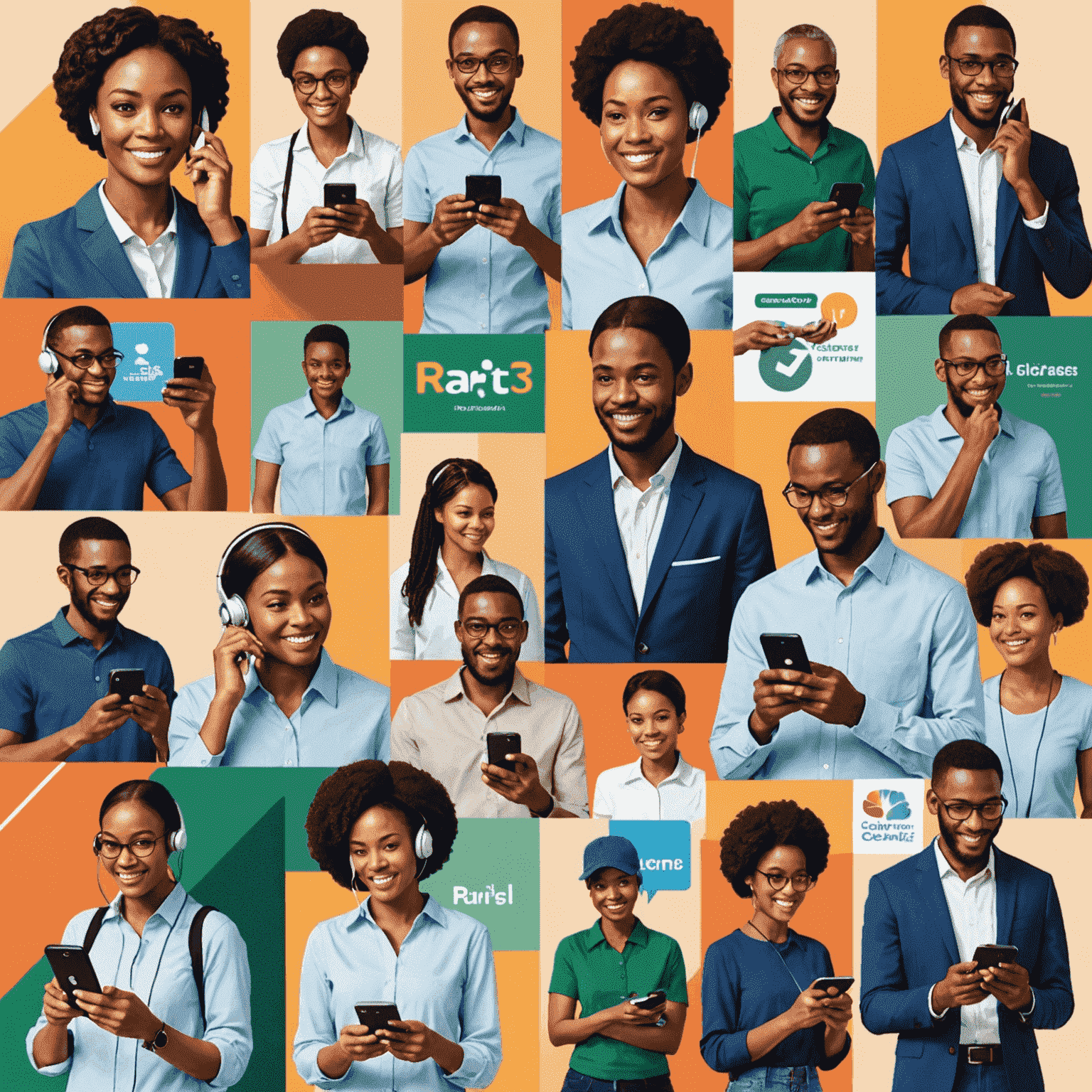 A collage showcasing various mobile communication services including a smartphone, recharge cards, and a customer service representative