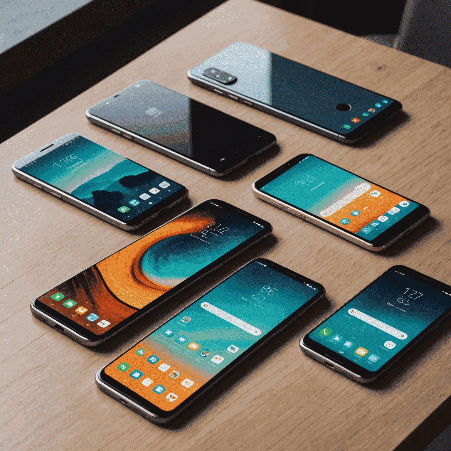 Various new smartphone models displayed on a sleek table, showcasing their modern designs and features