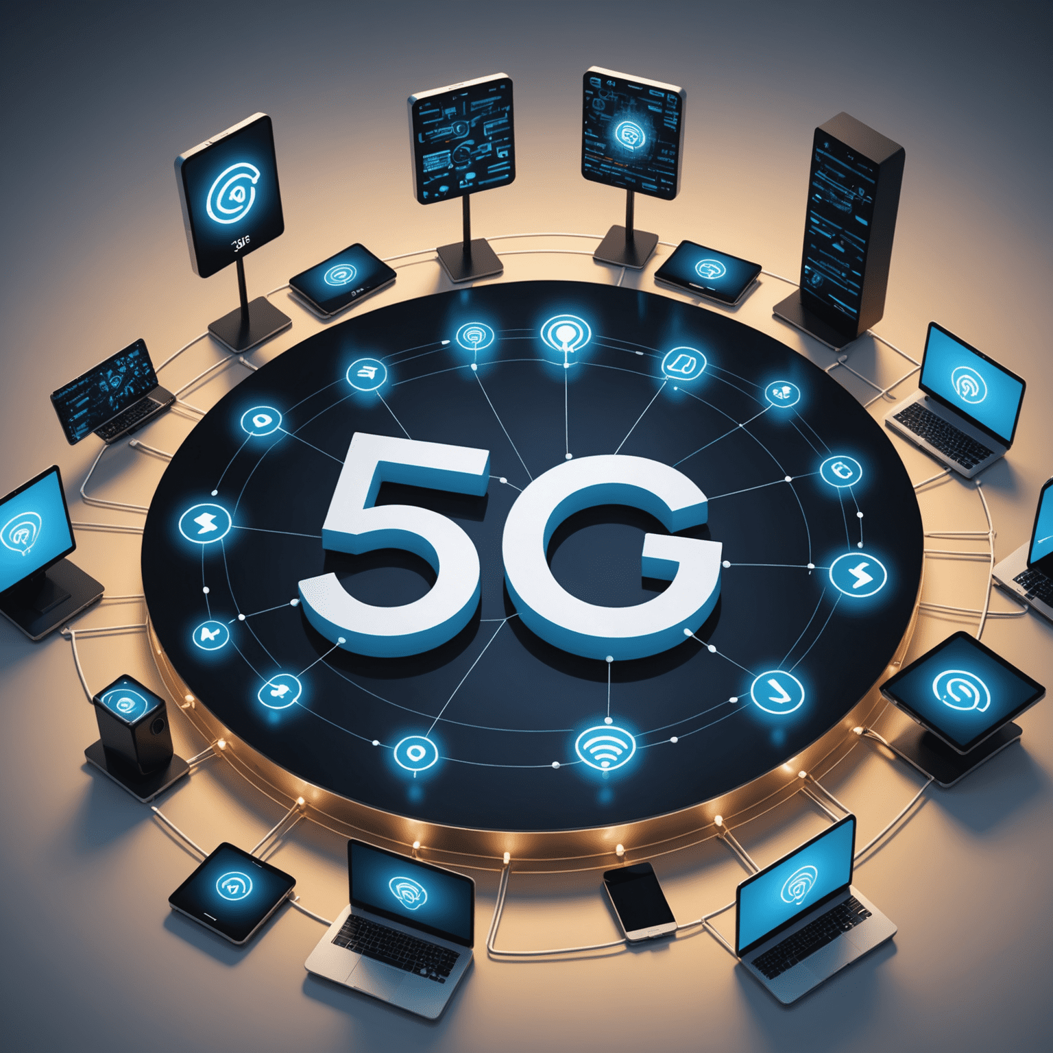 Visual representation of 5G network with connected devices and fast data transfer symbols